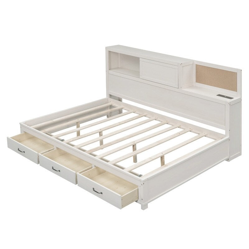 Full Size Wooden Daybed with 3 Storage Drawers,Sockets and USB Ports