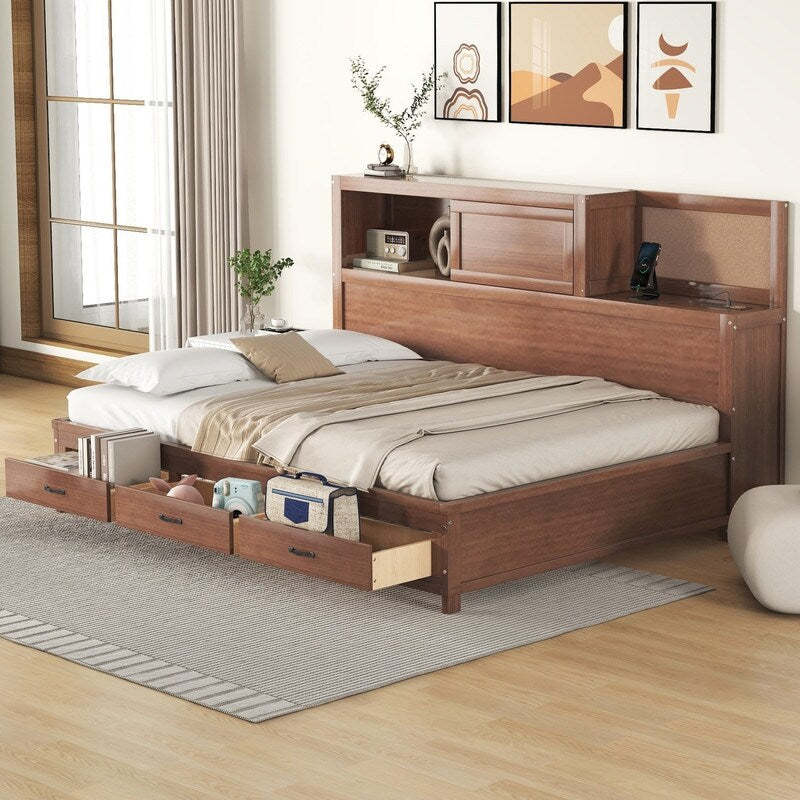 Full Size Wooden Daybed with 3 Storage Drawers,Sockets and USB Ports