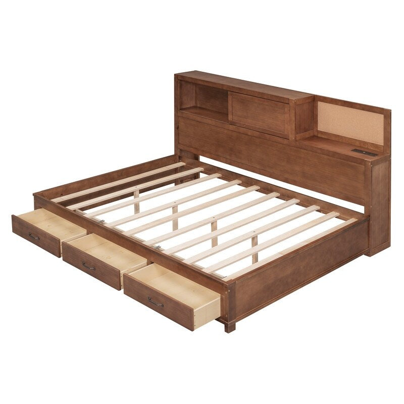 Full Size Wooden Daybed with 3 Storage Drawers,Sockets and USB Ports