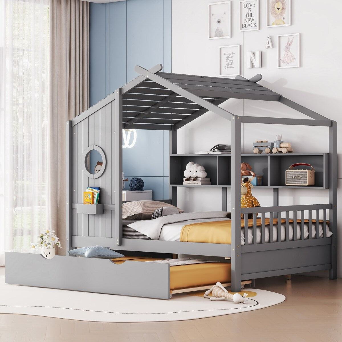 Full Size Wooden House Bed With Trundle With Storage Shlef