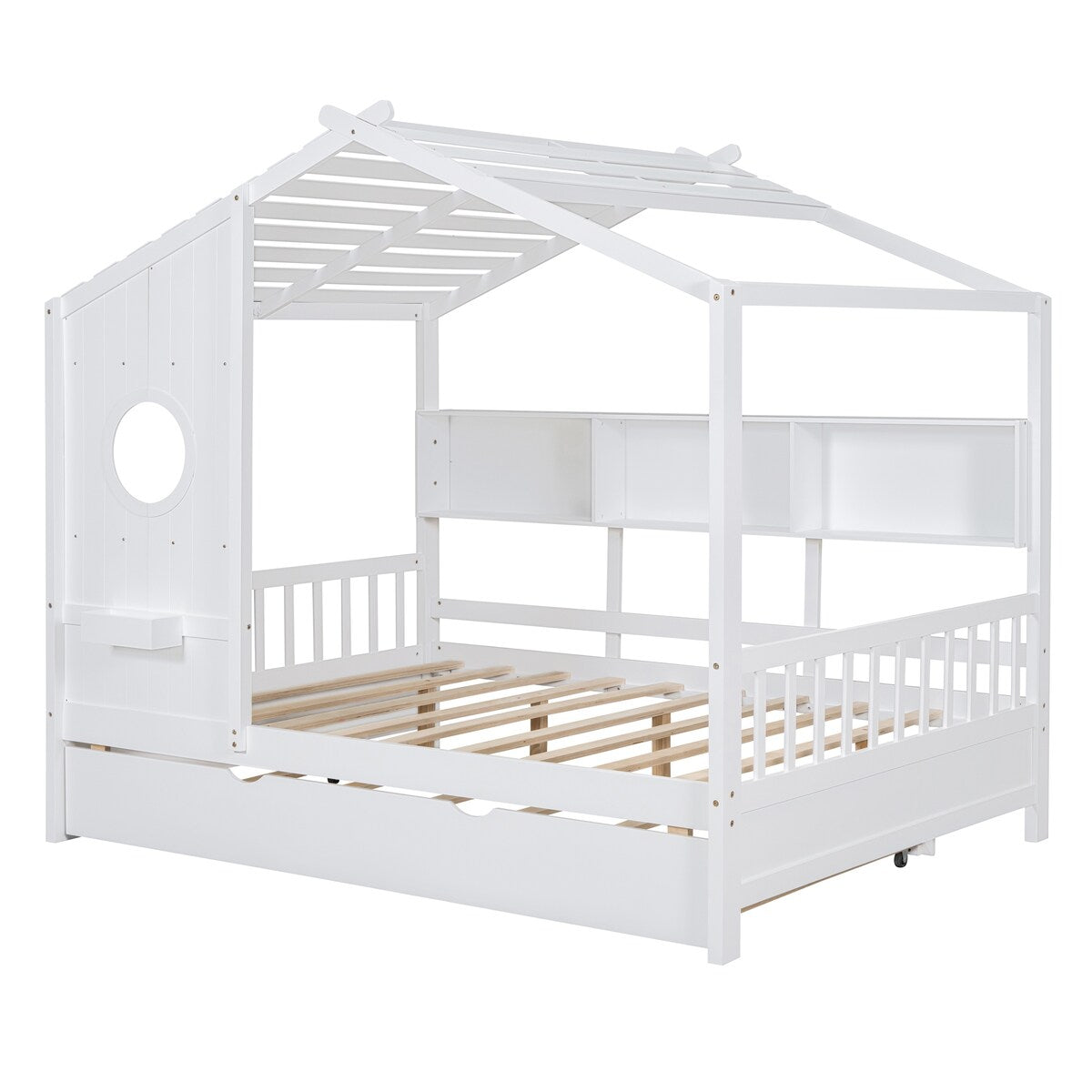 Full Size Wooden House Bed With Trundle With Storage Shlef