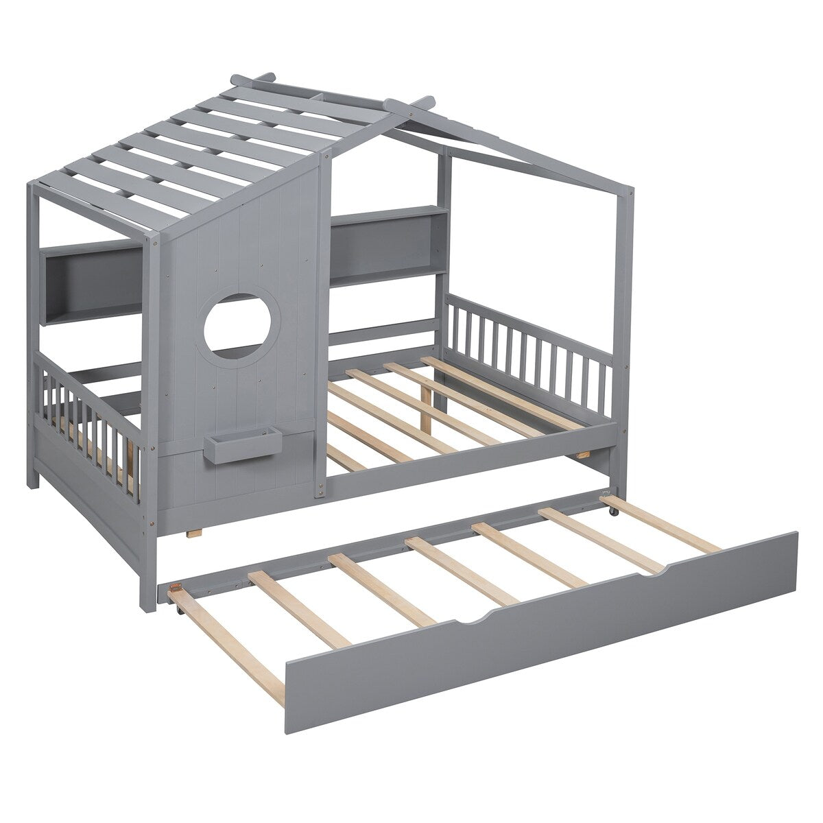 Full Size Wooden House Bed With Trundle With Storage Shlef