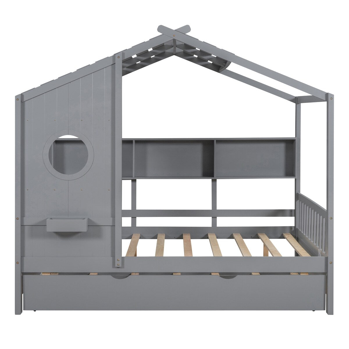 Full Size Wooden House Bed With Trundle With Storage Shlef