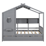 Full Size Wooden House Bed With Trundle With Storage Shlef