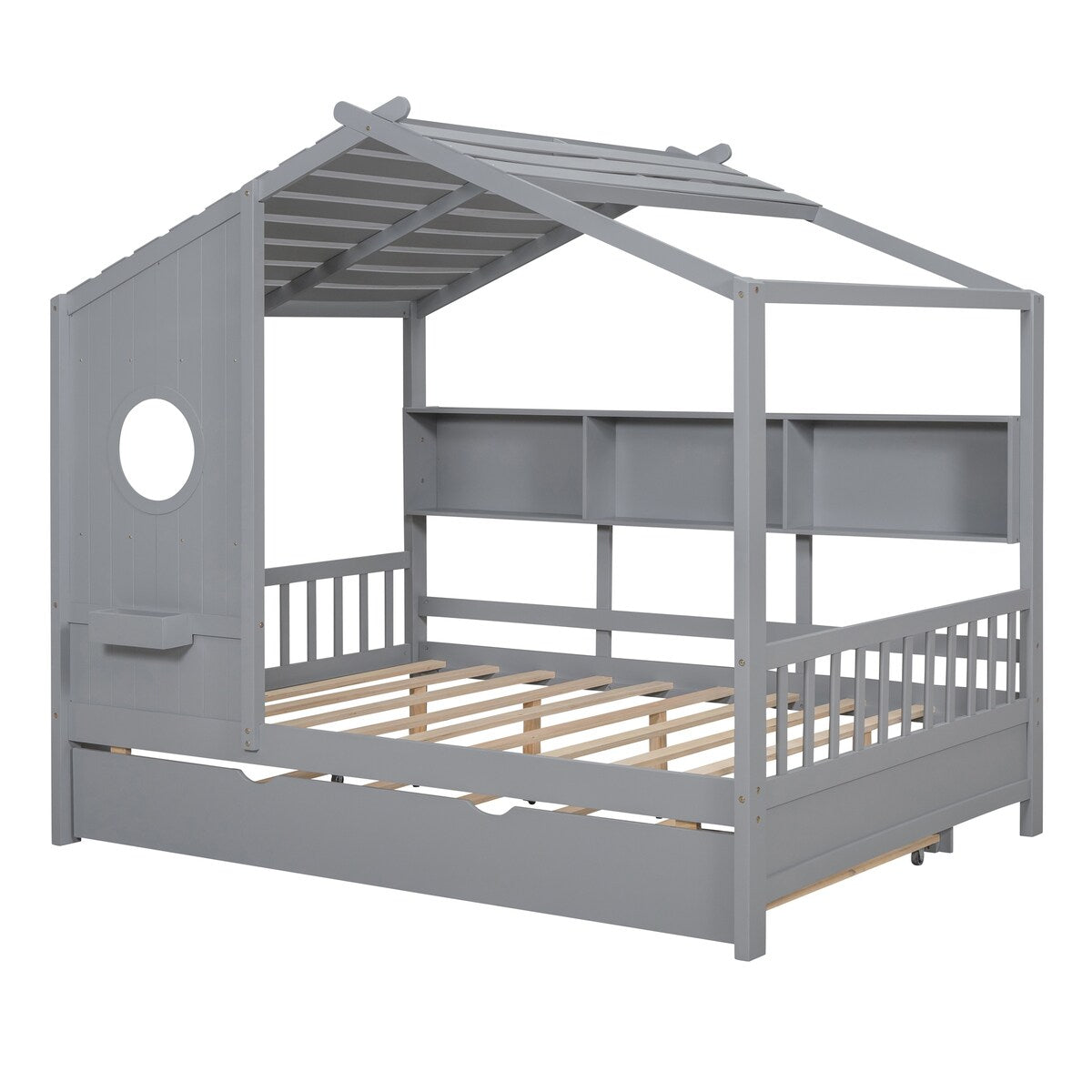 Full Size Wooden House Bed With Trundle With Storage Shlef