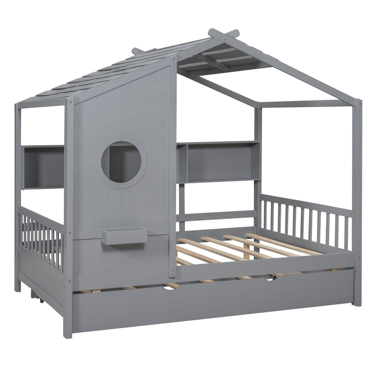 Full Size Wooden House Bed With Trundle With Storage Shlef