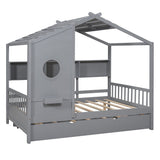 Full Size Wooden House Bed With Trundle With Storage Shlef