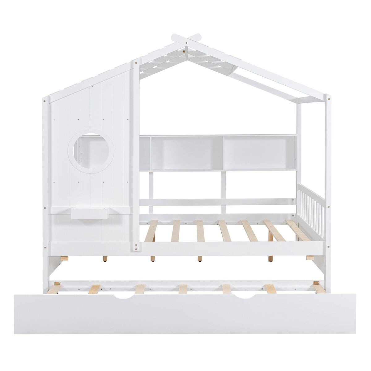 Full Size Wooden House Bed With Trundle With Storage Shlef