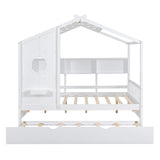 Full Size Wooden House Bed With Trundle With Storage Shlef