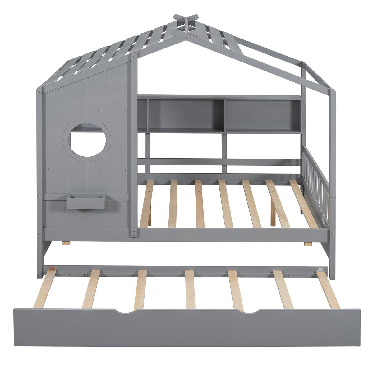 Full Size Wooden House Bed With Trundle With Storage Shlef