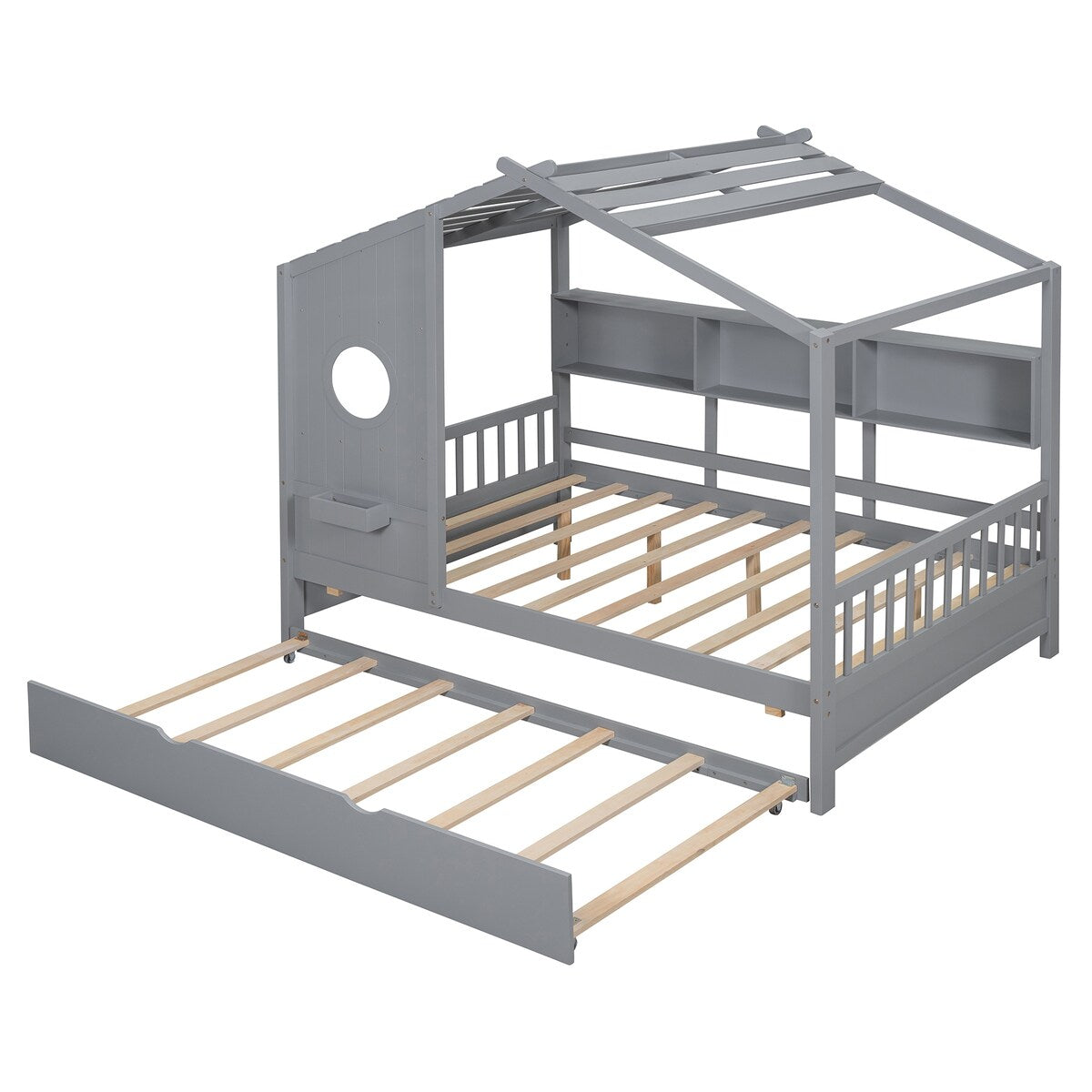 Full Size Wooden House Bed With Trundle With Storage Shlef