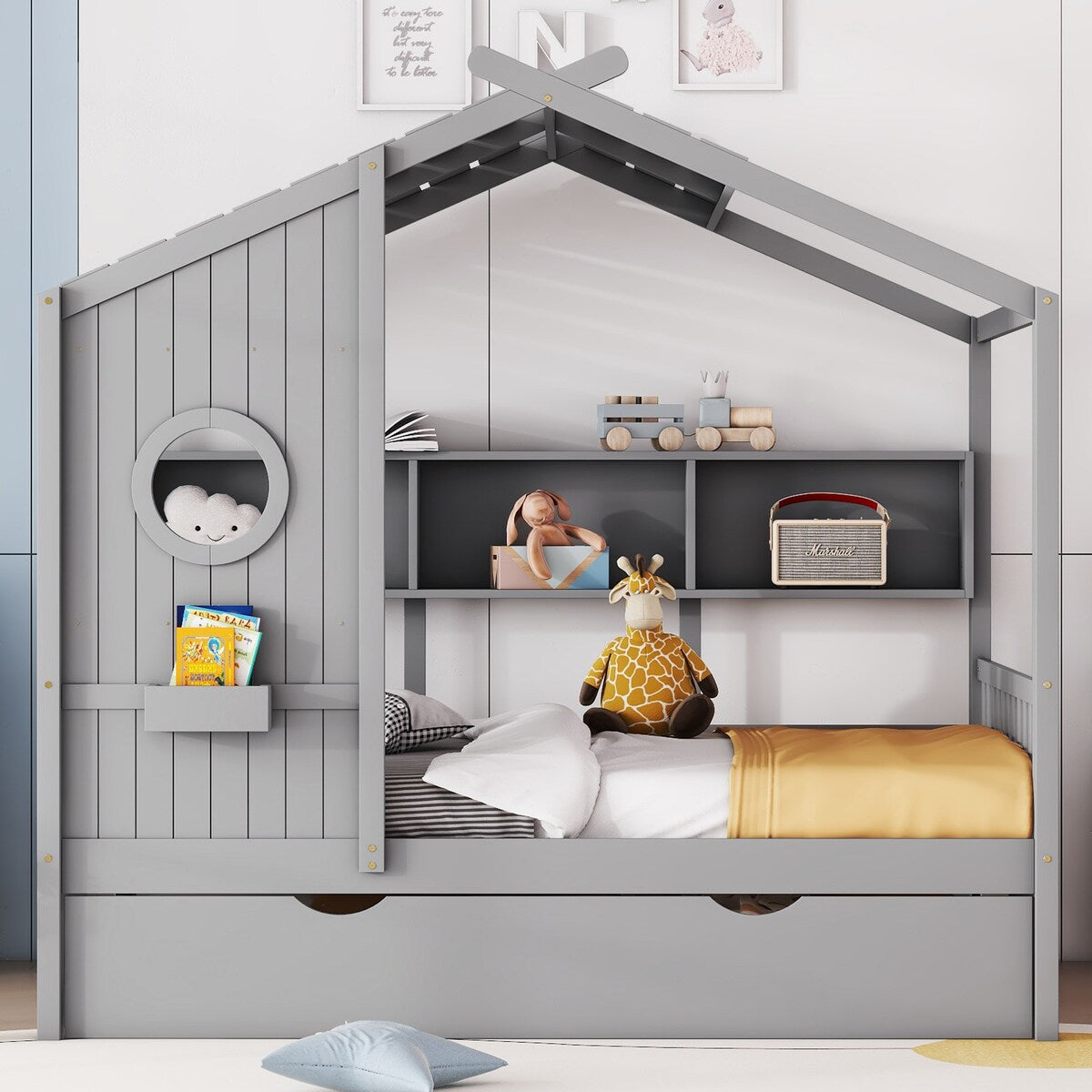 Full Size Wooden House Bed With Trundle With Storage Shlef