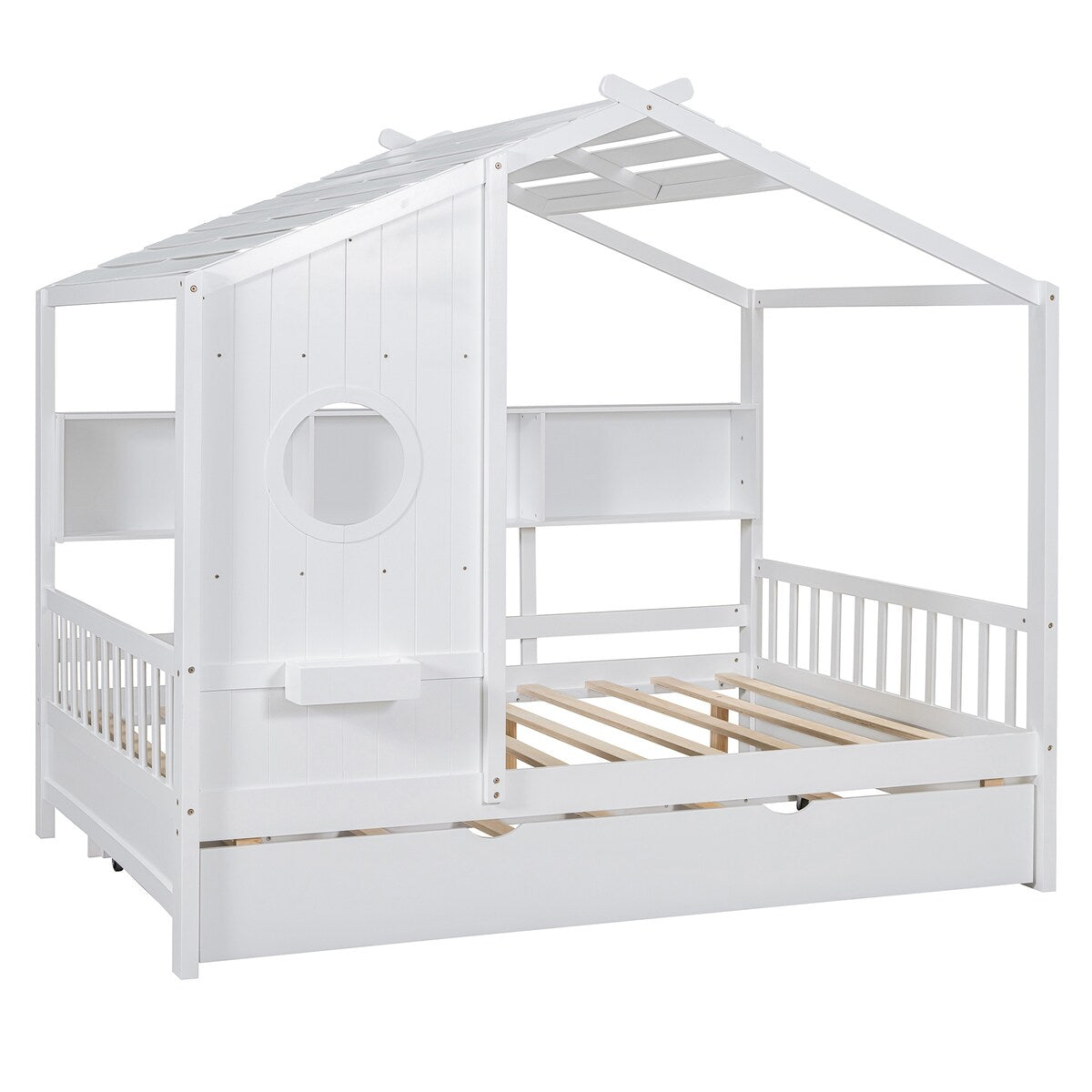 Full Size Wooden House Bed With Trundle With Storage Shlef