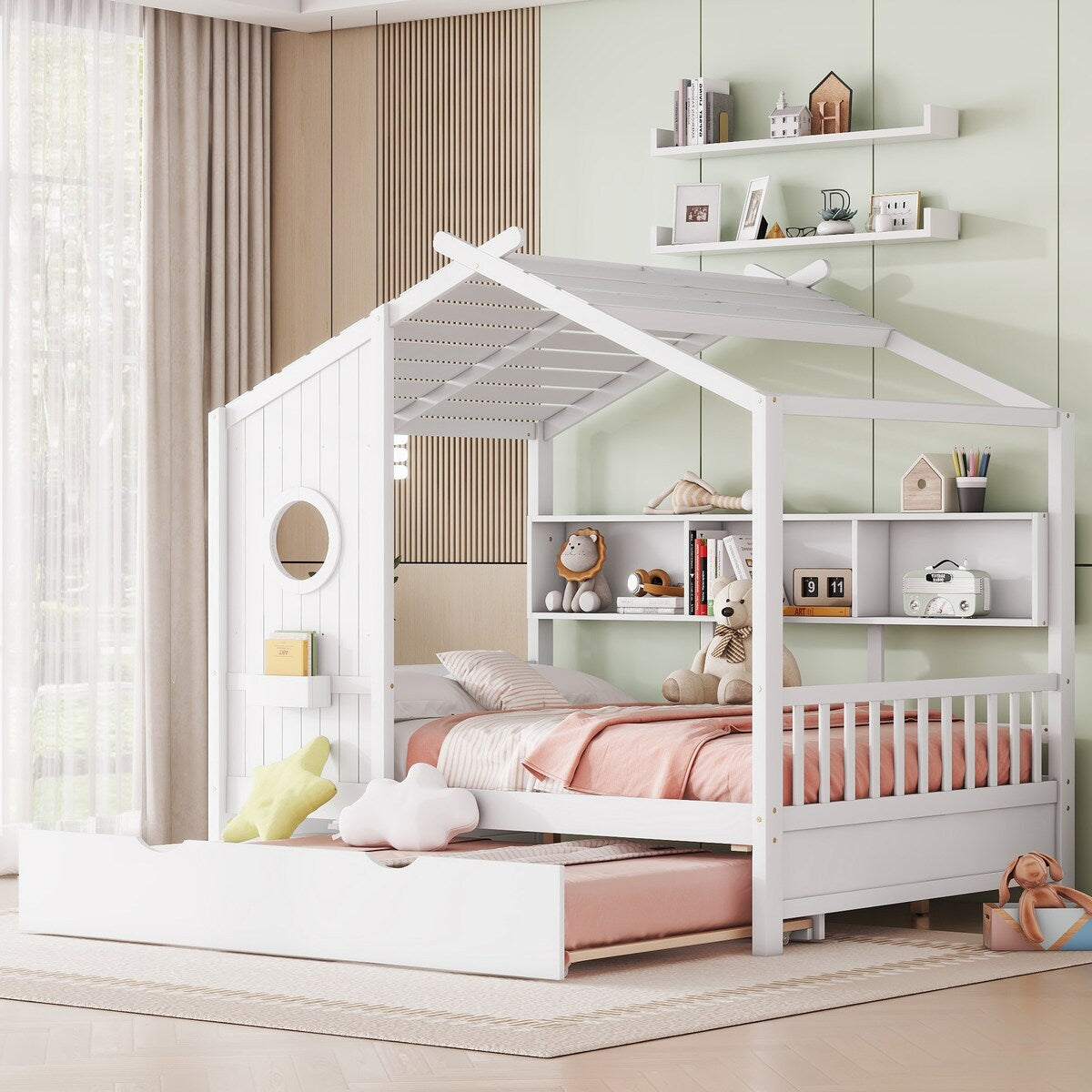 Full Size Wooden House Bed with Trundle Bed and Storage Shlef for Kids