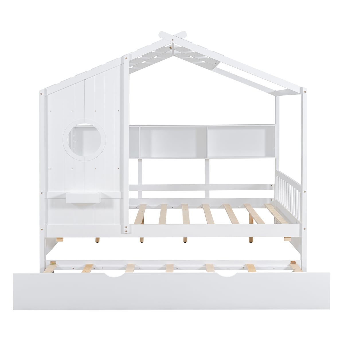 Full Size Wooden House Bed with Trundle Bed and Storage Shlef for Kids