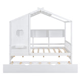 Full Size Wooden House Bed with Trundle Bed and Storage Shlef for Kids