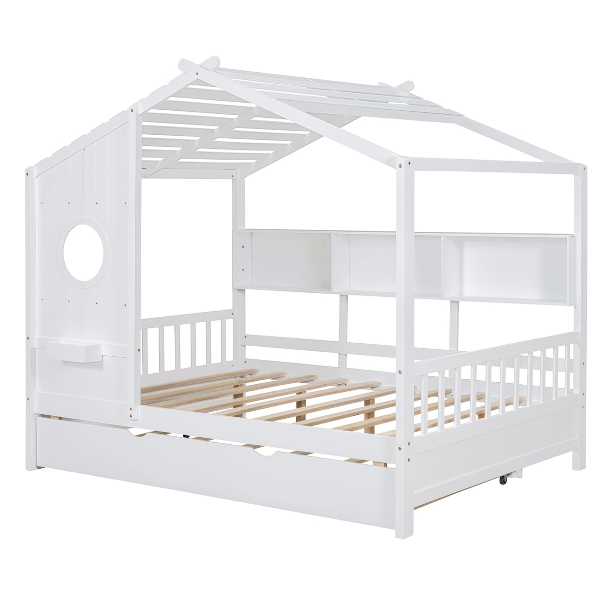 Full Size Wooden House Bed with Trundle Bed and Storage Shlef for Kids