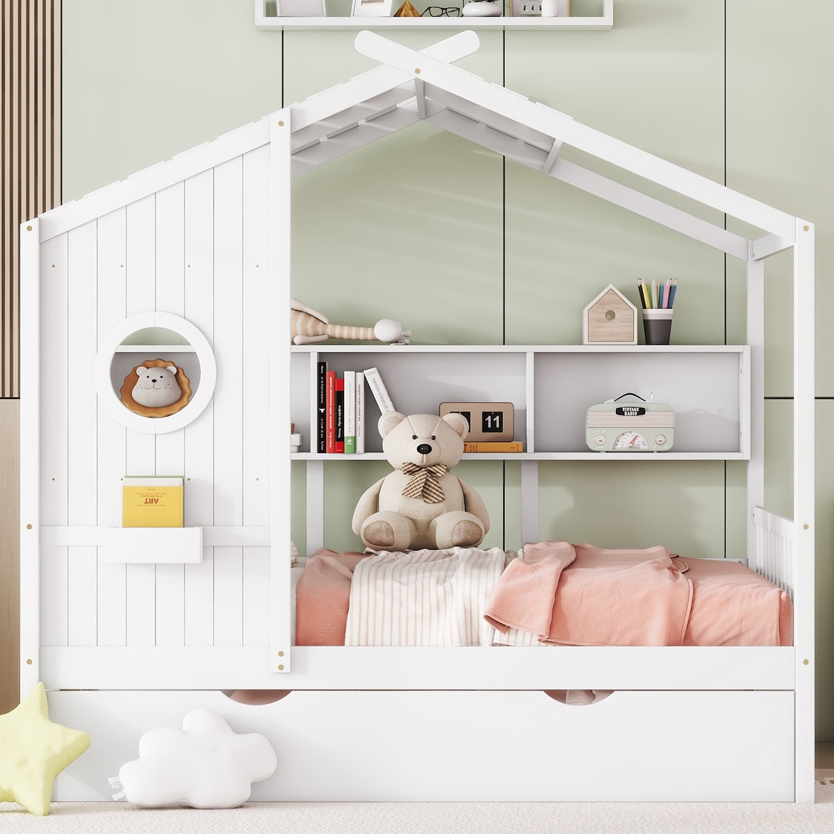 Full Size Wooden House Bed with Trundle Bed and Storage Shlef for Kids