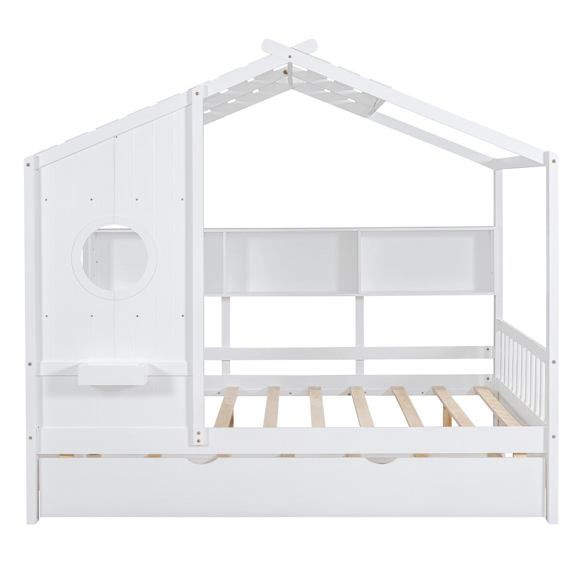 Full Size Wooden House Bed with Trundle Bed and Storage Shlef for Kids
