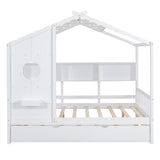 Full Size Wooden House Bed with Trundle Bed and Storage Shlef for Kids