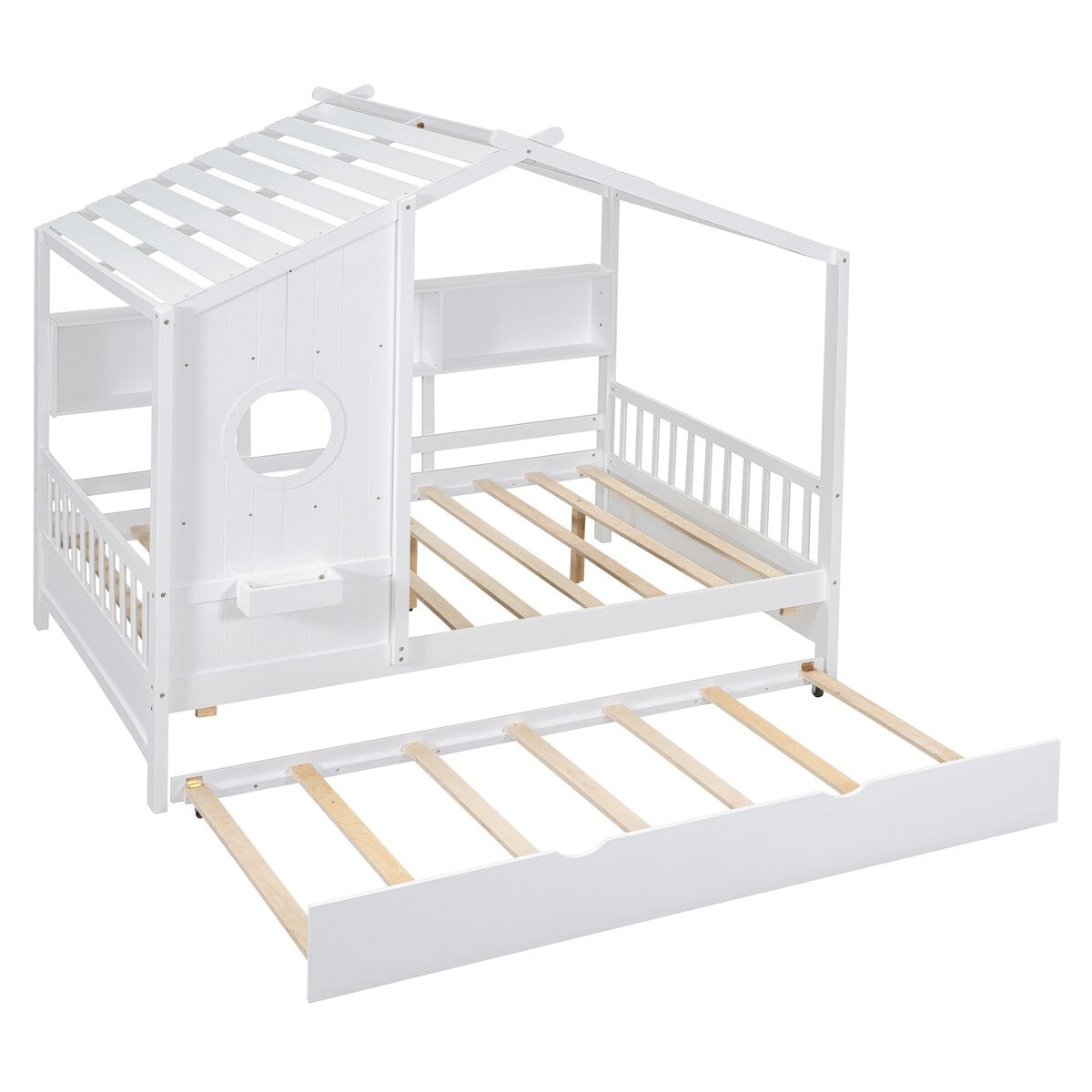 Full Size Wooden House Bed with Trundle Bed and Storage Shlef for Kids