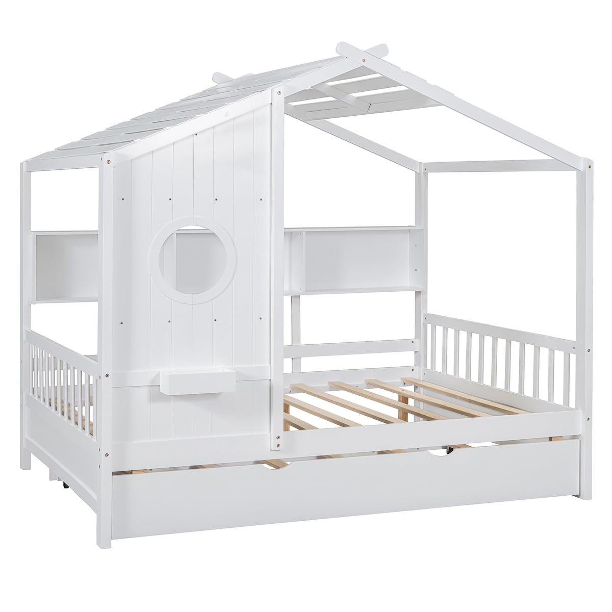 Full Size Wooden House Bed with Trundle Bed and Storage Shlef for Kids