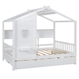 Full Size Wooden House Bed with Trundle Bed and Storage Shlef for Kids