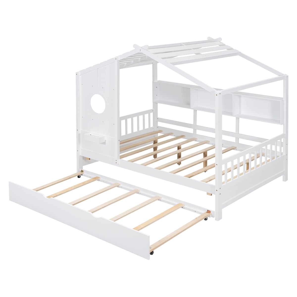 Full Size Wooden House Bed with Trundle Bed and Storage Shlef for Kids