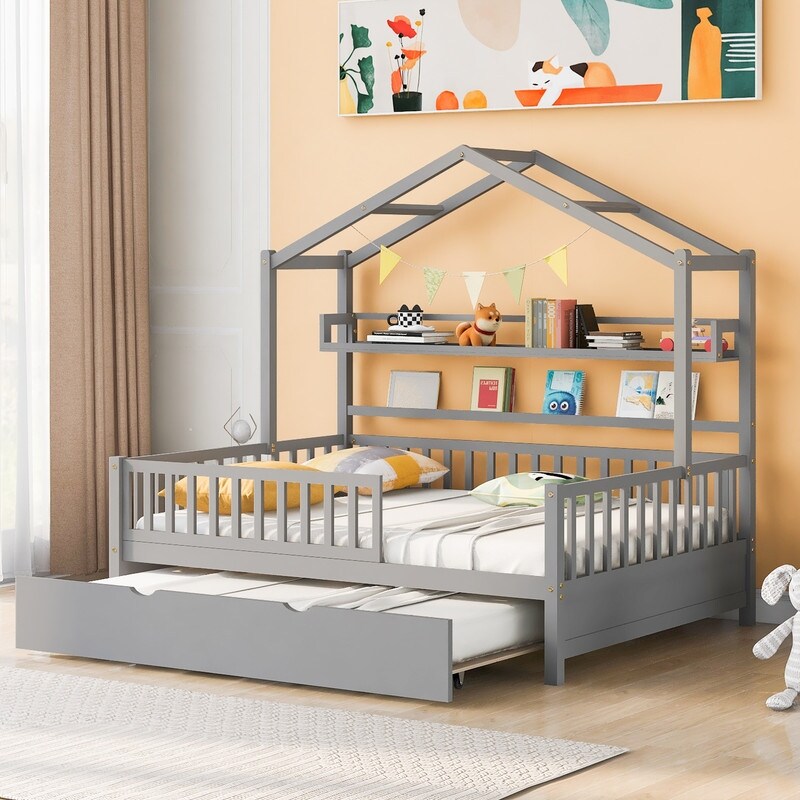 Full Size Wooden House Bed with Twin Size Trundle