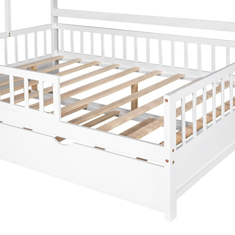 Full Size Wooden House Bed with Twin Size Trundle