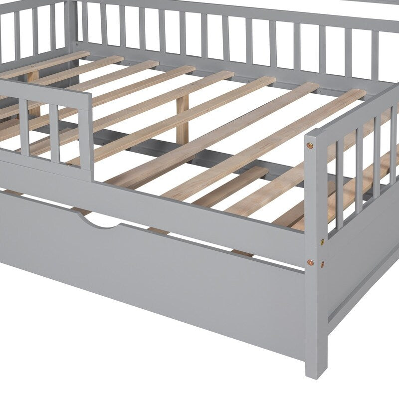 Full Size Wooden House Bed with Twin Size Trundle