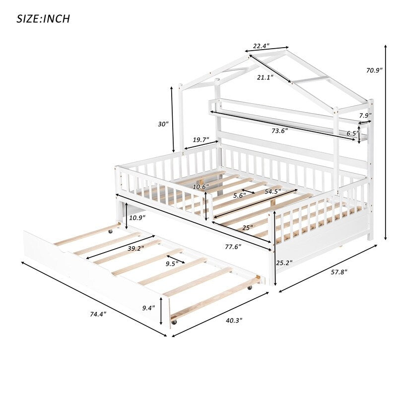 Full Size Wooden House Bed with Twin Size Trundle