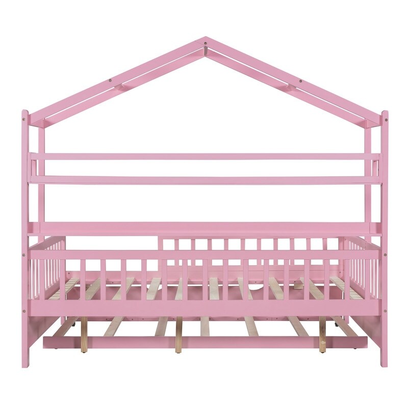 Full Size Wooden House Bed with Twin Size Trundle