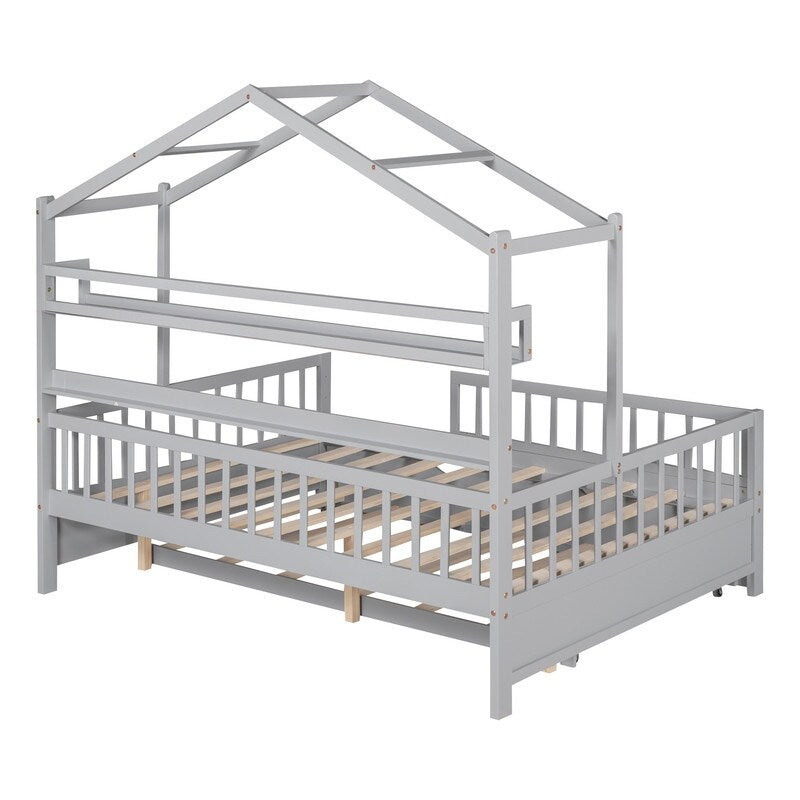 Full Size Wooden House Bed with Twin Size Trundle