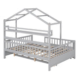 Full Size Wooden House Bed with Twin Size Trundle