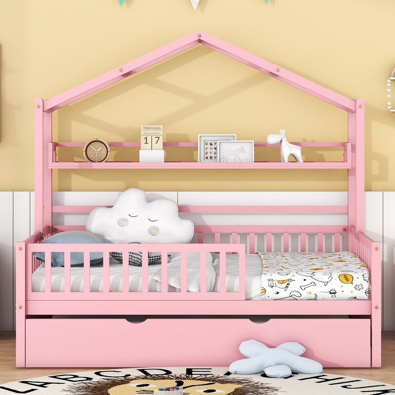 Full Size Wooden House Bed with Twin Size Trundle