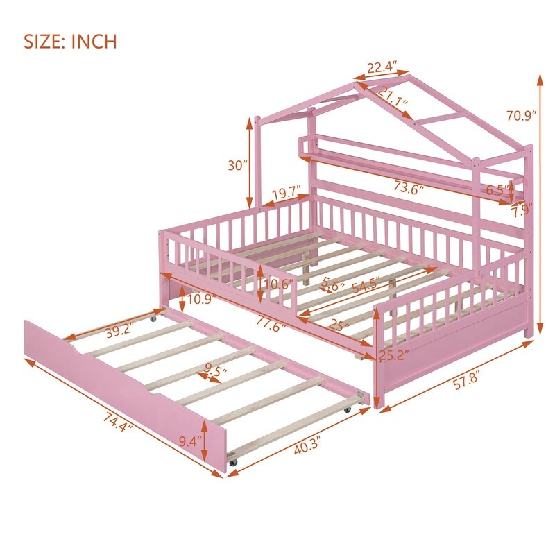 Full Size Wooden House Bed with Twin Size Trundle