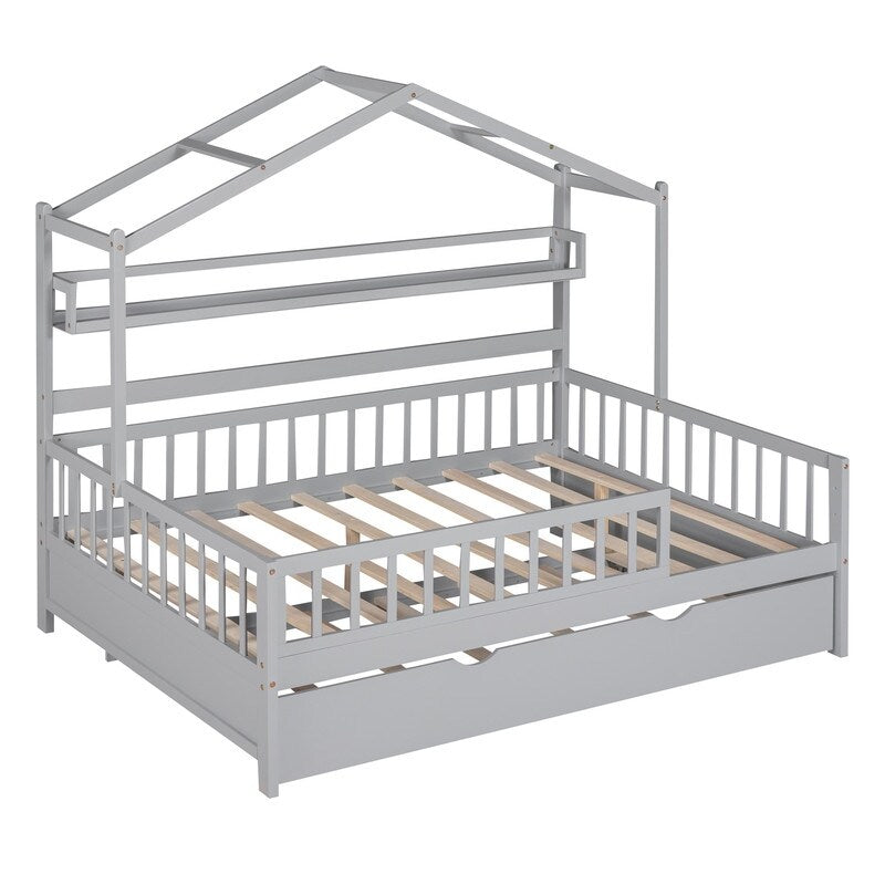 Full Size Wooden House Bed with Twin Size Trundle