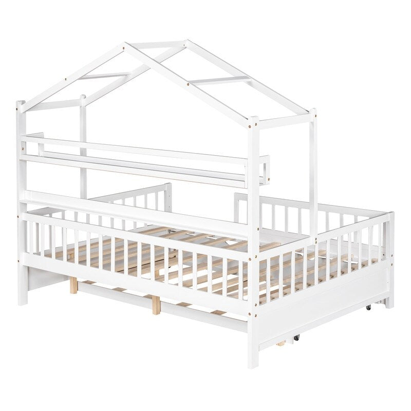 Full Size Wooden House Bed with Twin Size Trundle