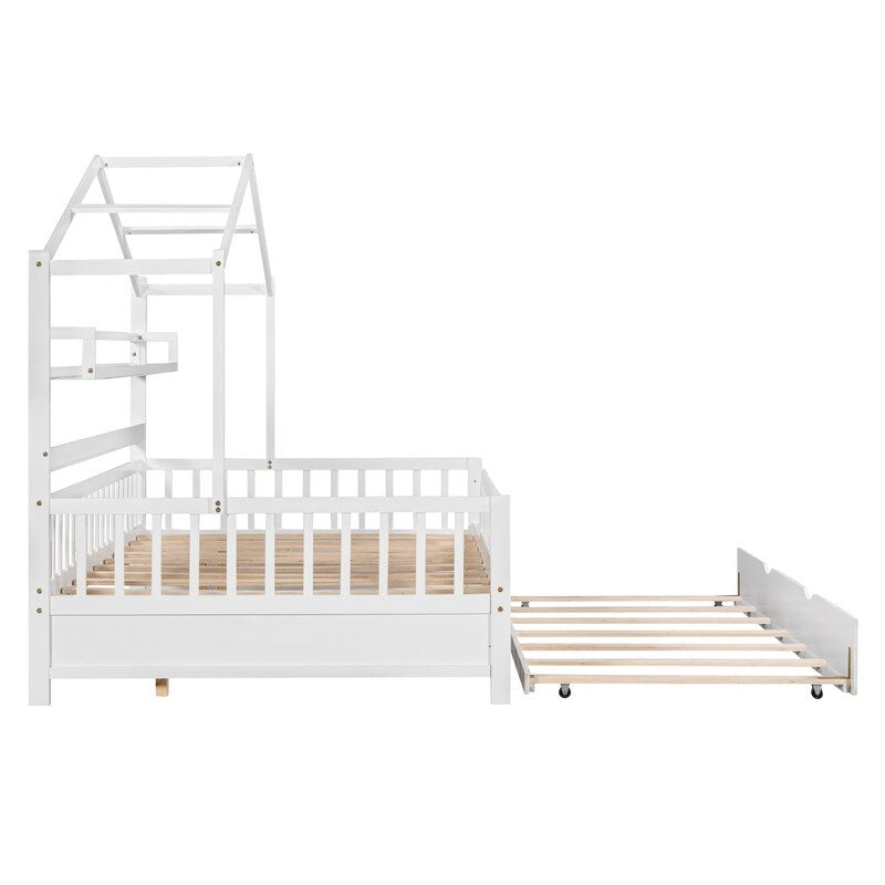 Full Size Wooden House Bed with Twin Size Trundle