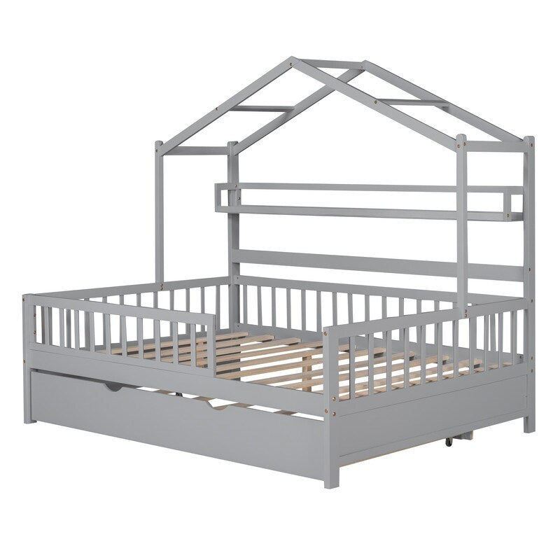 Full Size Wooden House Bed with Twin Size Trundle