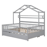 Full Size Wooden House Bed with Twin Size Trundle
