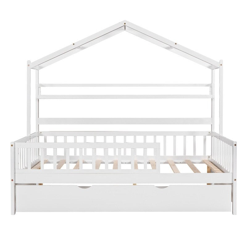 Full Size Wooden House Bed with Twin Size Trundle