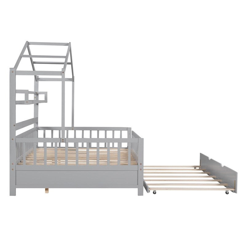 Full Size Wooden House Bed with Twin Size Trundle