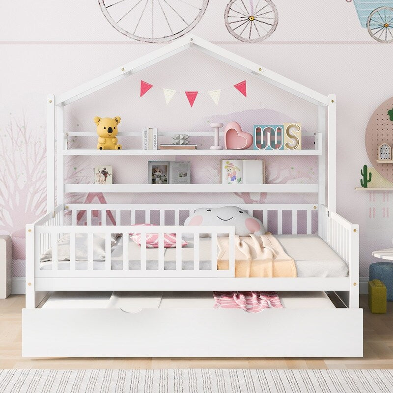 Full Size Wooden House Bed with Twin Size Trundle
