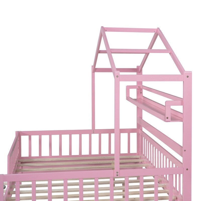 Full Size Wooden House Bed with Twin Size Trundle