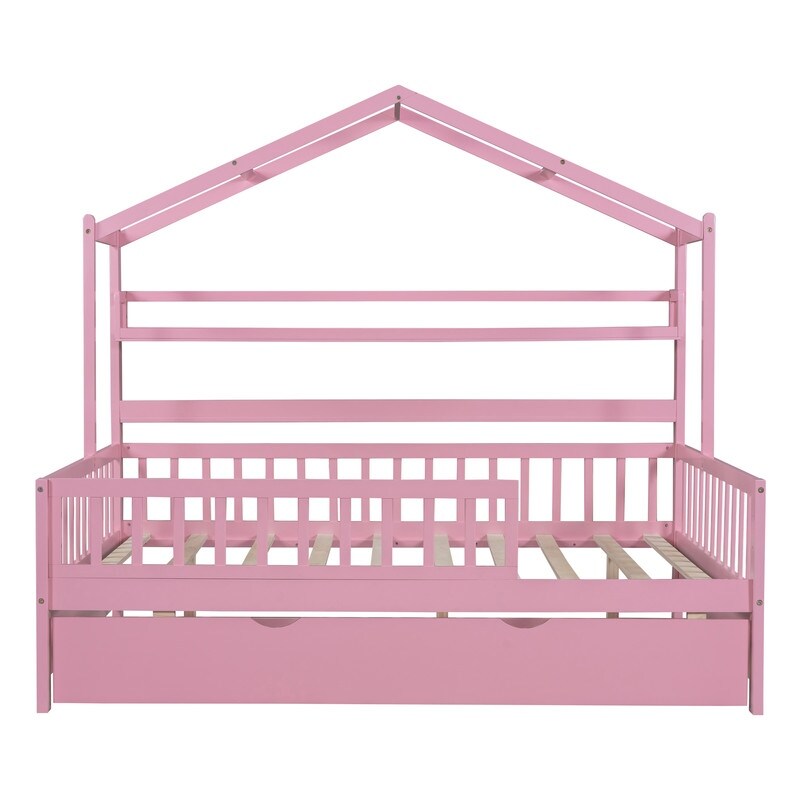 Full Size Wooden House Bed with Twin Size Trundle