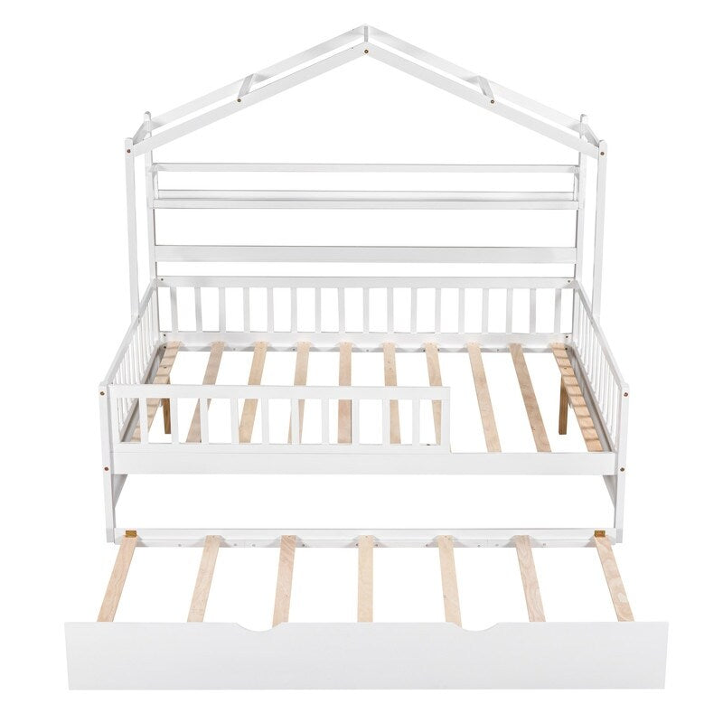 Full Size Wooden House Bed with Twin Size Trundle