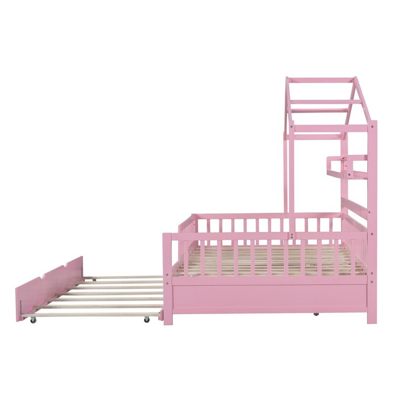 Full Size Wooden House Bed with Twin Size Trundle