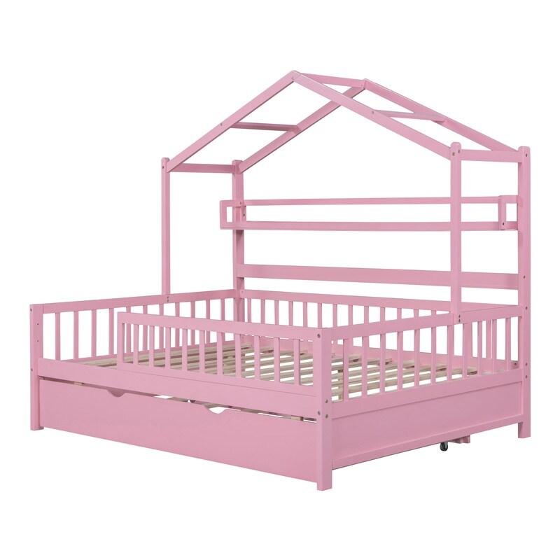 Full Size Wooden House Bed with Twin Size Trundle